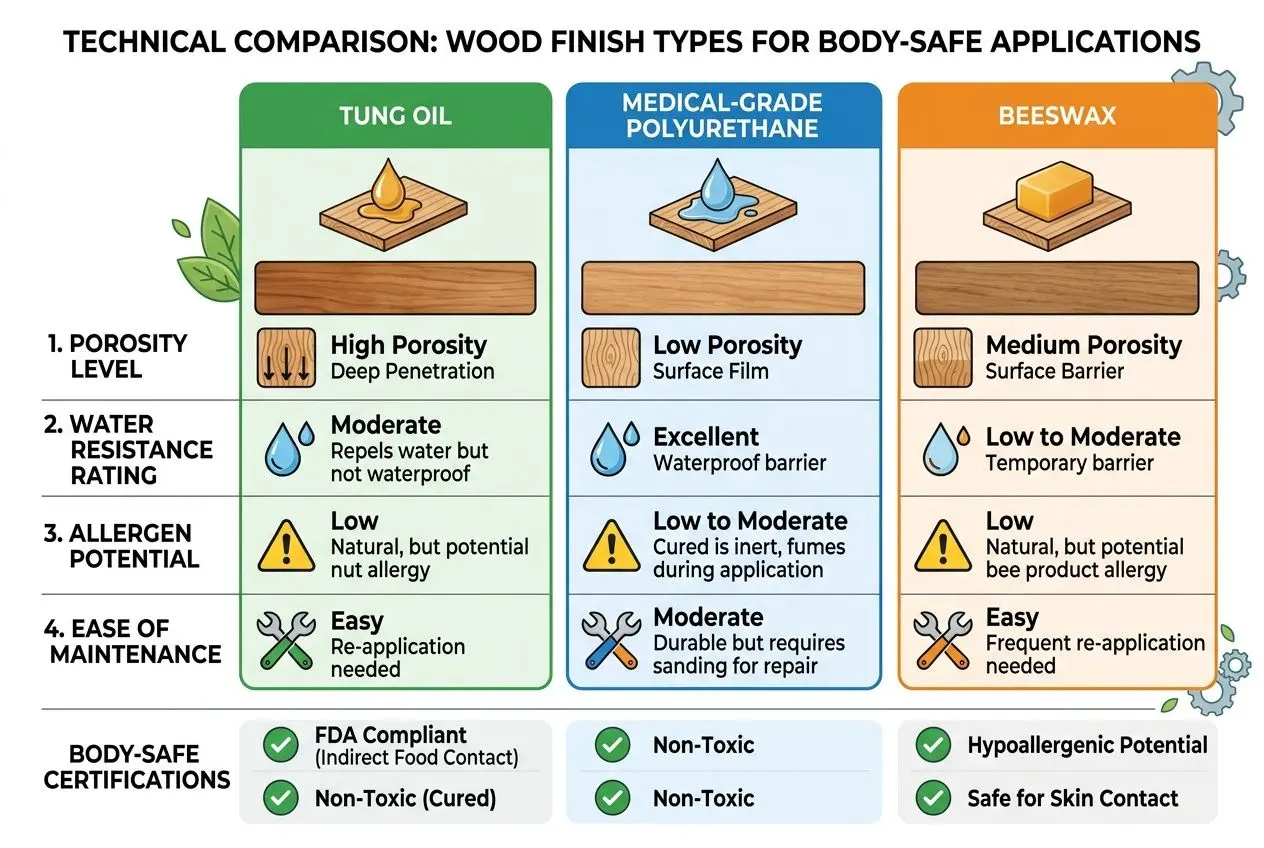 Technical comparison image showing wood finish types for body-safe applications: Tung Oil, Medical-Grade Polyurethane, and Beeswax. Includes porosity, water resistance, allergen potential, maintenance ease, and body-safe certifications (FDA compliant/non-toxic, non-toxic; hypoallergenic and safe for skin contact).